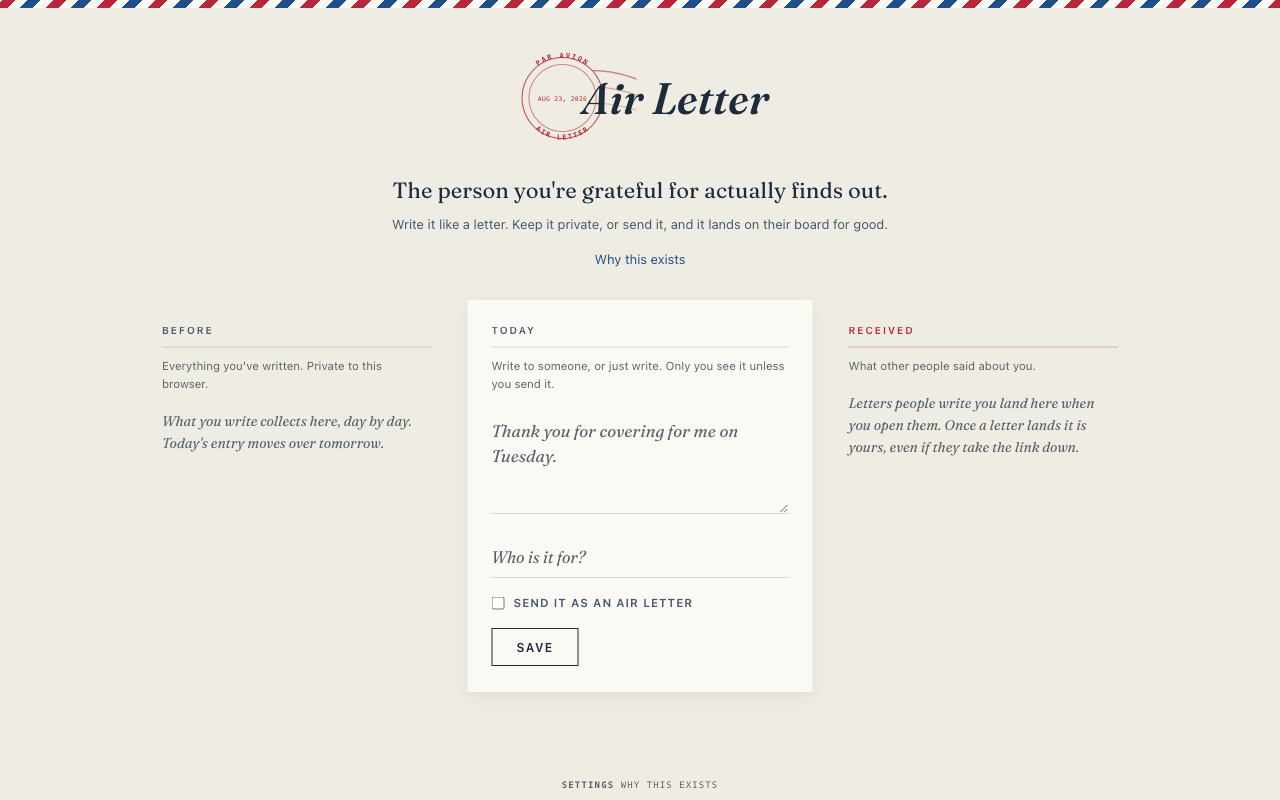 Air Letter as it looks live: three columns labeled Before, Today, and Received, with a letter-writing form in the middle