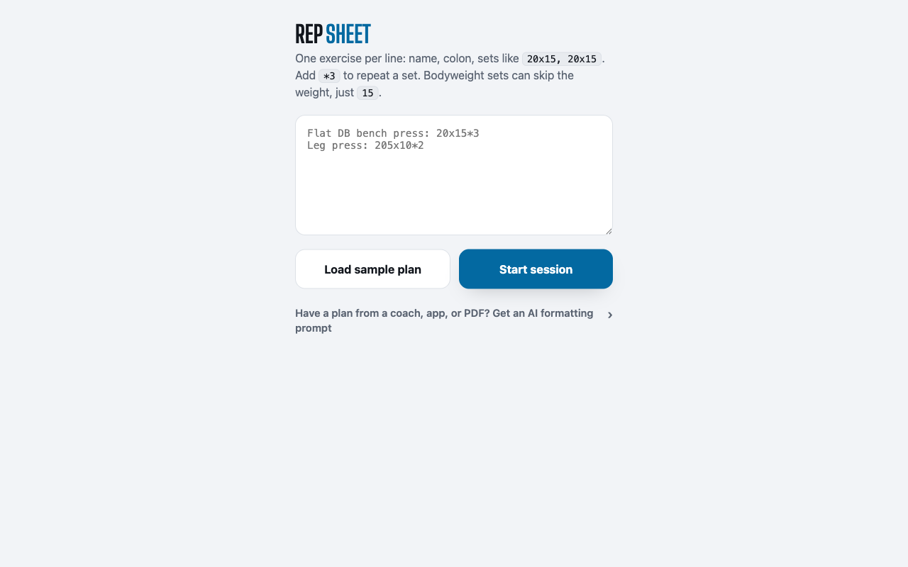 Rep Sheet as it looks live: the plan entry screen with a text area for typing exercises one per line, plus Load sample plan and Start session buttons